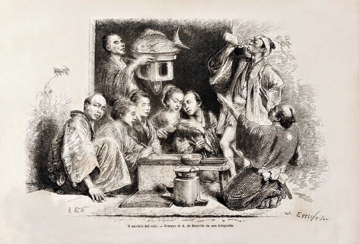 Small Party Drinking Sake, italialainen Tour du Monde, 1869 tekijältä Italian School