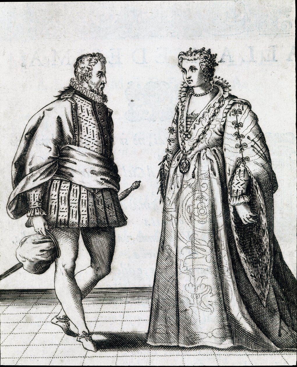 Pari italialaista aatelistoa. Kaiverrus "" Il ballarino "" (tai Il dancer) käsittelee tanssimestari Fabritio Caroson (1527 / 1535-1605 / 1620) tanssia 1581. Civic Museum Biblioteca Musicale, Bologna tekijältä Italian School