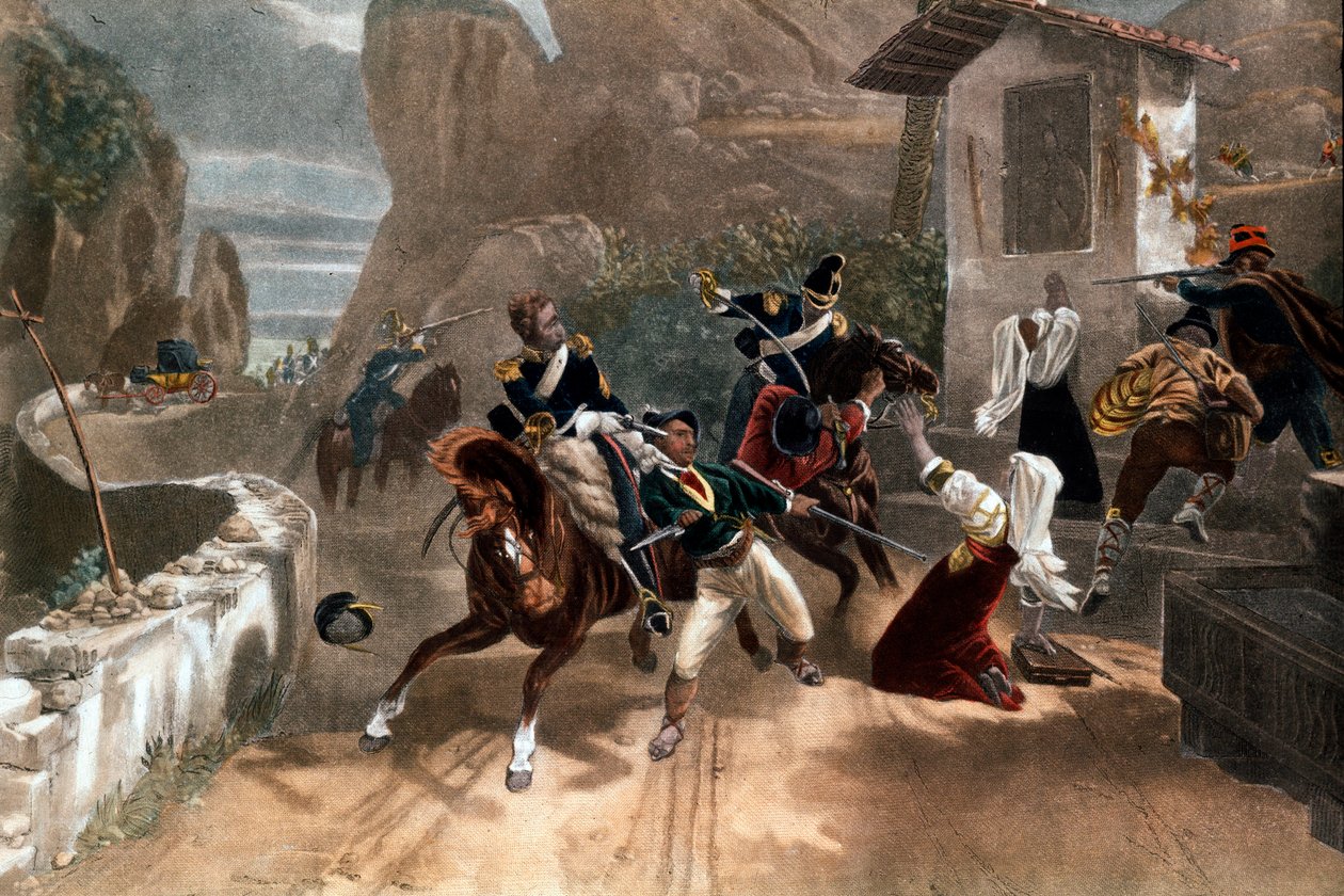 Taistelu ryöstöjen ja paavin karabinierien (lohikäärmeiden) välillä Sardiniassa, Italiassa. 1800-luvulla tekijältä Italian School