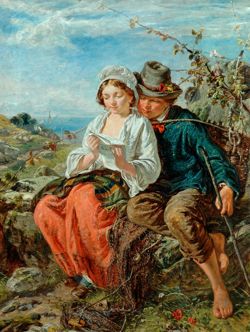 Kalastaja-poika ja tyttö lukevat, 1850-79 tekijältä Italian School