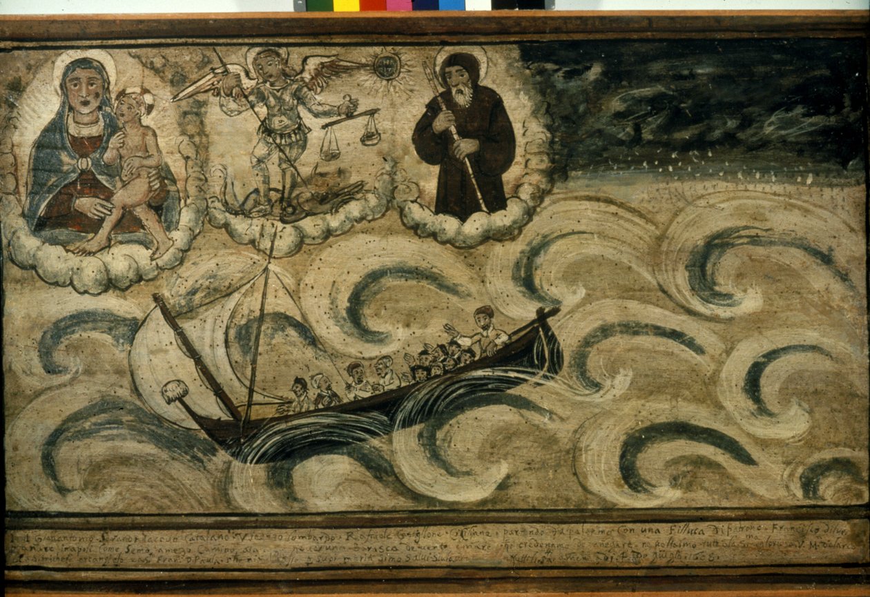 Kalastusvene pakenemassa myrskyä. Ex voto 1600-luvulta Napolin Madonna dell