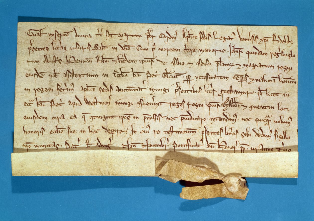 Muodollinen protesti Henrik III:n (1207-1272) voitelusta Gloucesterissa, kirjoittanut paavin legaatin kardinaali Gualo, 1218 tekijältä Italian School