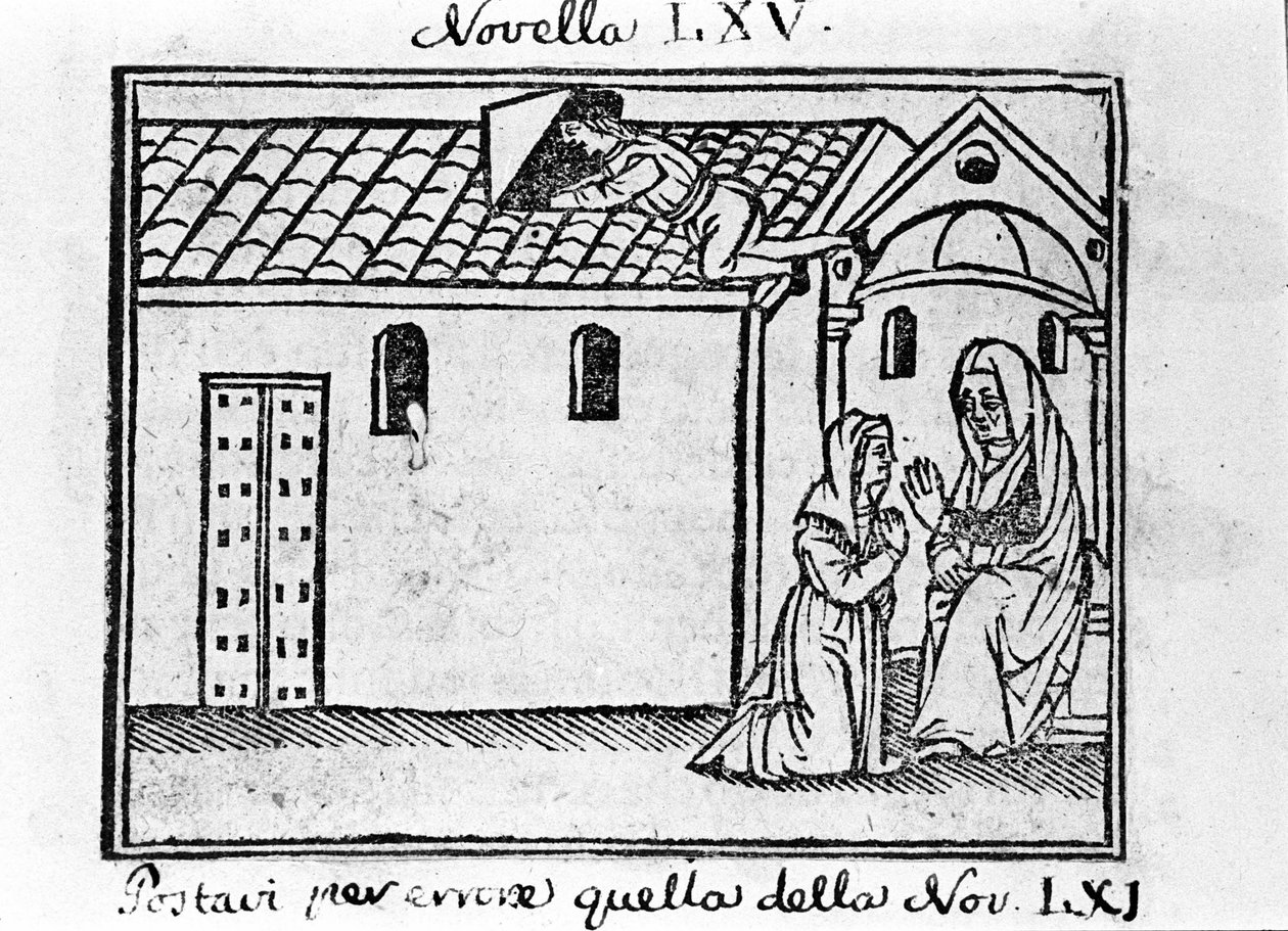 Mustasukkainen aviomies kiistää itsensä papiksi kerätäkseen avionrikkojan vaimonsa tunnustuksen. Kuva italialaisen kirjailijan Giovanni Boccaccio dit Jean Boccaccion (1313-1375) "Decameronin" uutisille 65 (7. päivän uusi 5). Kaiverrus sisään tekijältä Italian School