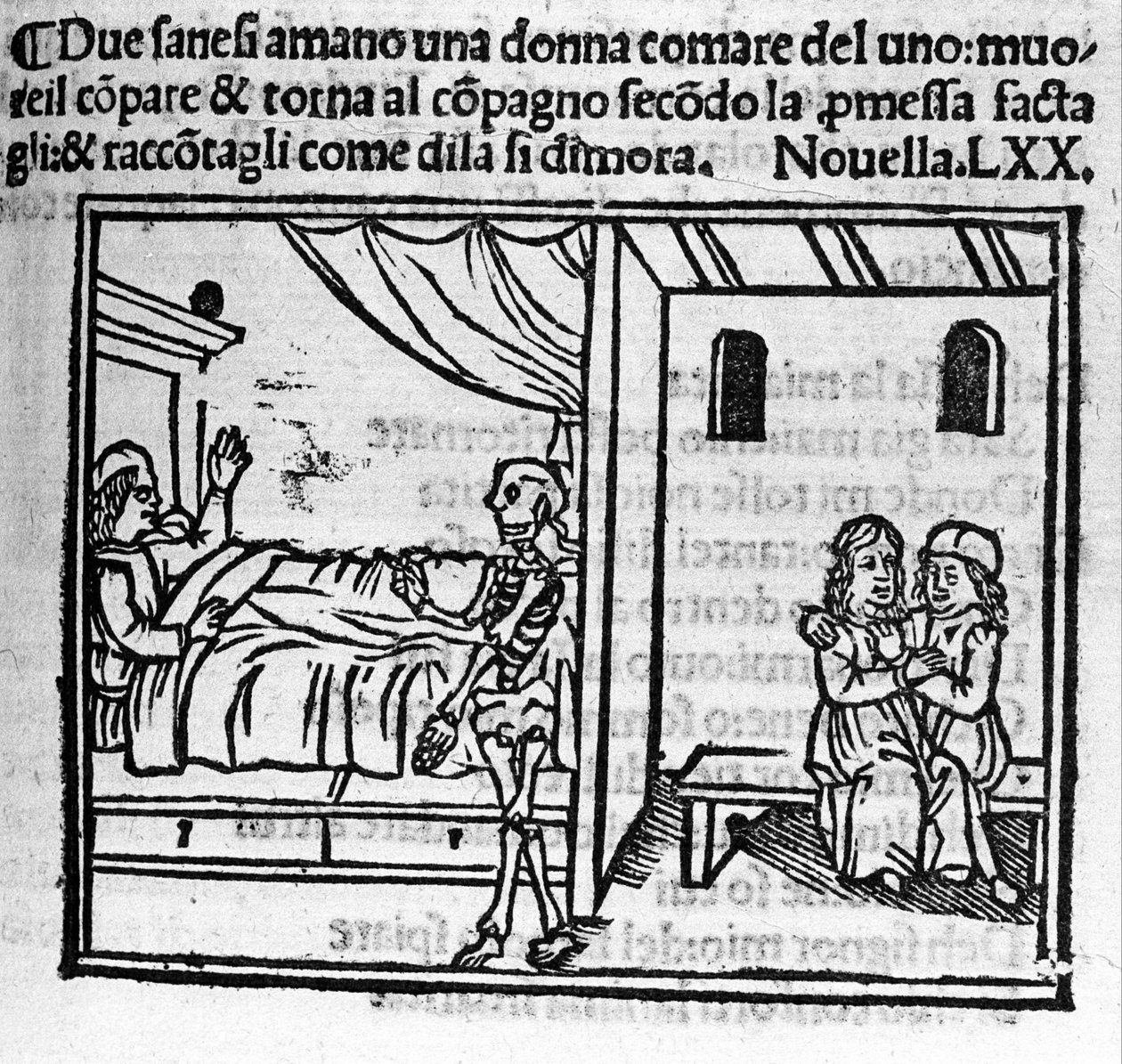 Ystävänsä vaimoon rakastunut mies korvaa hänet avioliitossa hänen kuoltuaan. Kuva italialaisen kirjailijan Giovanni Boccaccio dit Jean Boccaccion (1313-1375) "Dekameronin" uutiseen 70 (kuudennen päivän uutiset 10). Kaiverrus kirjaimella "" Decame tekijältä Italian School