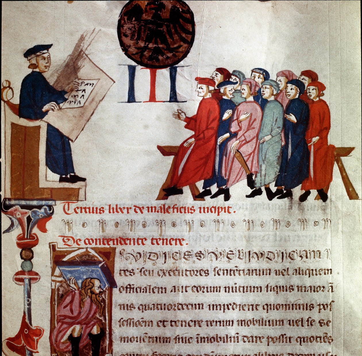 Vallan mies, jolla on koottu yksityiskohta. Miniatyyri otettu "" Short Populi et Compagniarum Pisani Communis "":sta (Pisan kaupungin perussääntö) 1300-1308 Pisan osavaltion arkisto tekijältä Italian School