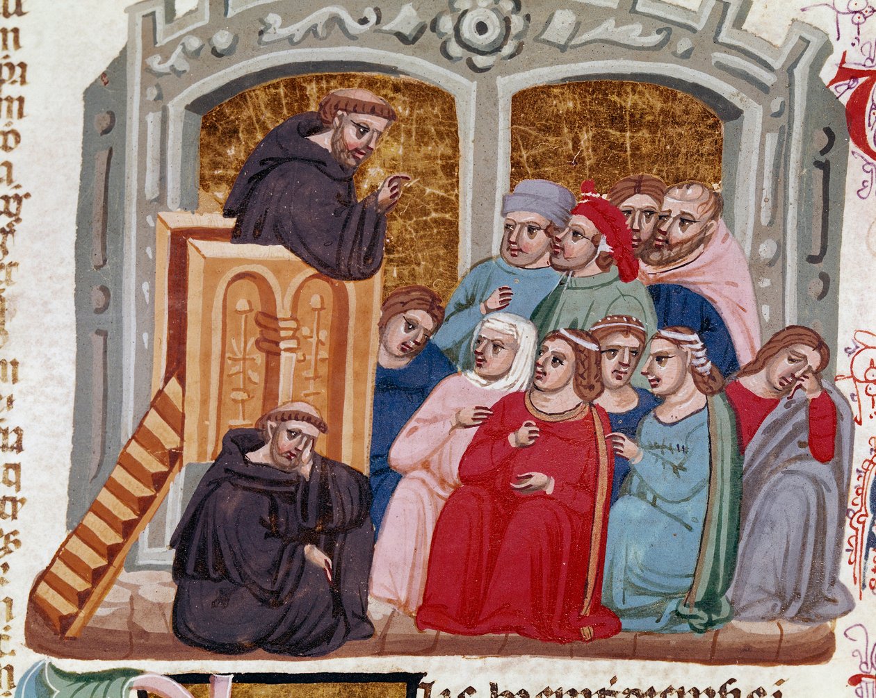 Predikaattori, joka puhuu joukolle Miniature fideles -kirjoja vuodelta 1140 peräisin olevasta "" Decret de Gratien -kirjasta" ("Concordia discordantium canonum" tai "Decretum Gratiani"), joka säätelee roomalaiskatolisen kirkon lakeja ja kaanoneja. 1300-luv tekijältä Italian School