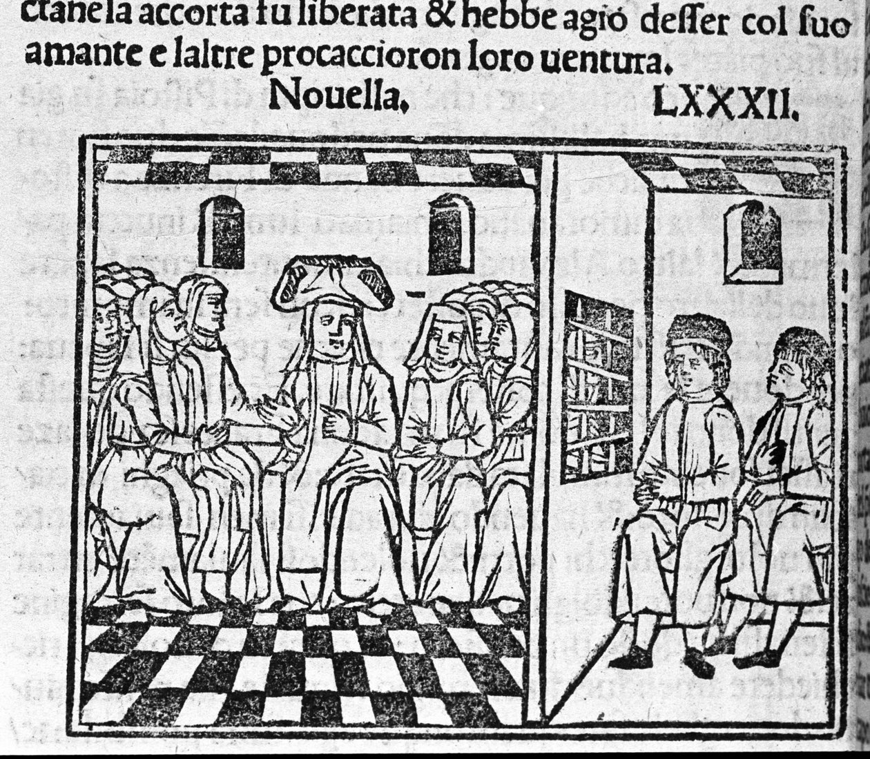 Tarina nunnan rakkaudesta. Kuva italialaisen kirjailijan Giovanni Boccaccio dit Jean Boccaccion (1313-1375) "Decameron" -uutisille 82 (uusi 2 yhdeksännestä päivästä). Kaiverrus "" Decamerone ouer Cento nouelle"" Venetsia, Bartolomeo de 