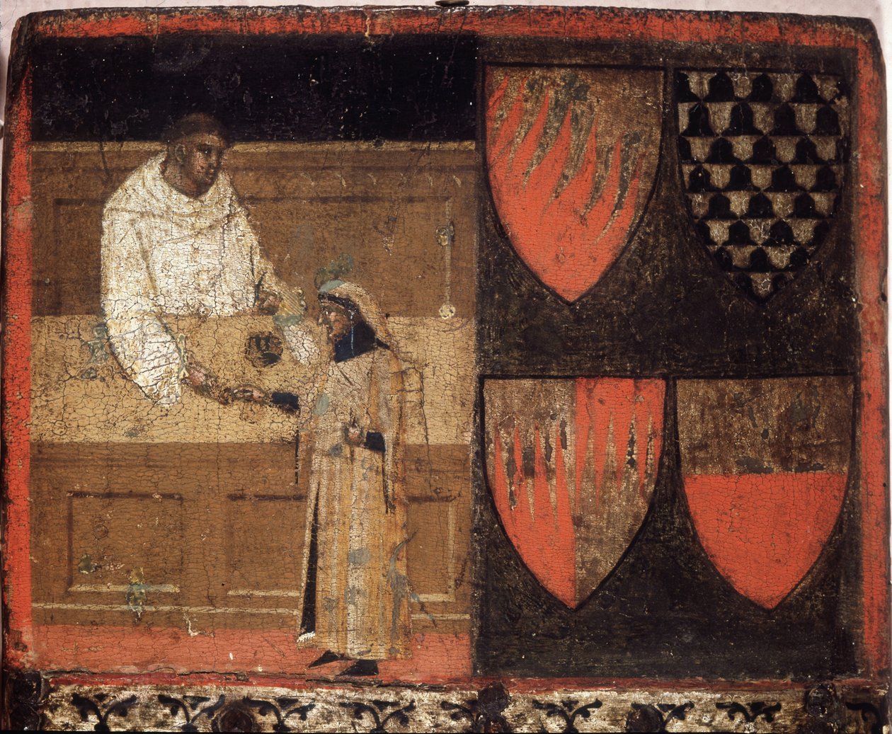 Veronkeräjä ja veronmaksaja, Biccherna (Sienan kaupungin kirjanpitorekisterin kansi) vuodelta 1340. Kansallisarkisto - Museo delle Tavolette de Bicherna, Siena. tekijältä Italian School
