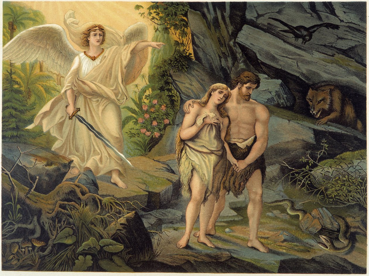 Arkkienkeli ajoi Adamin ja Eevan ulos maallisesta paratiisista (Eedenistä) - Giovanni Ladislao Sykoran teoksessa "" Golden Classic Bible: History of Divine Revelation in the Ancient and New Tension "" (osa 1), kääntäjä Don Clemente Benetti. (Italialainen R tekijältä Italian School
