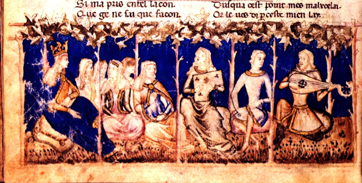 Add.12228 fol.222v Kuningatar kuuntelee musiikkia, Roman du Roy Meliadus de Leonnoys, n.1352 (vellum) tekijältä Italian School