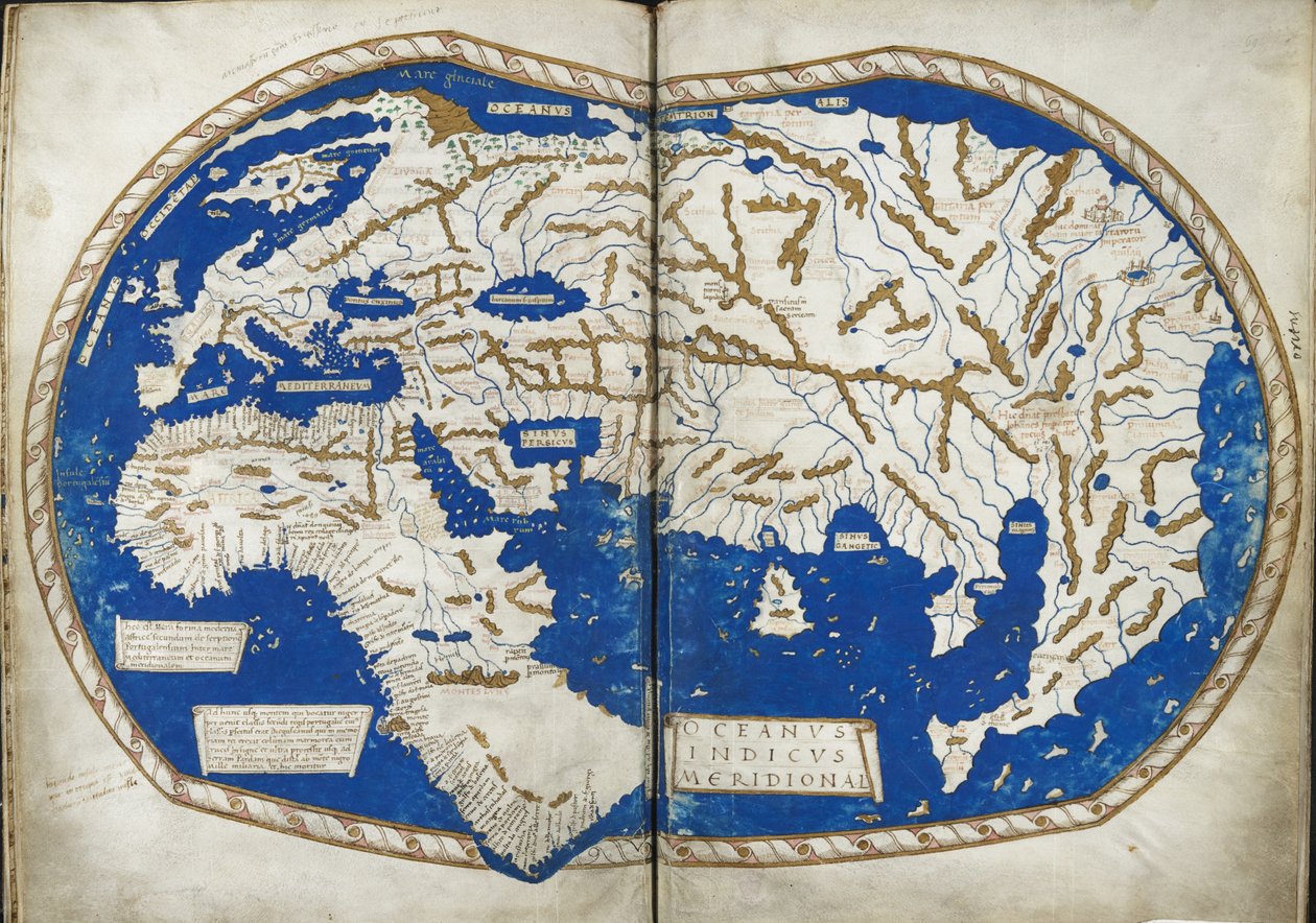 Lisää 15760 f.68v-69 Maailmankartta, Enrico Martellon "Insularium Illustratum" -julkaisusta, joka on kertomus saarista, pääasiassa Välimeren alueista, värillisillä suunnitelmilla, italia, n. 1470 (vellum) tekijältä Italian School