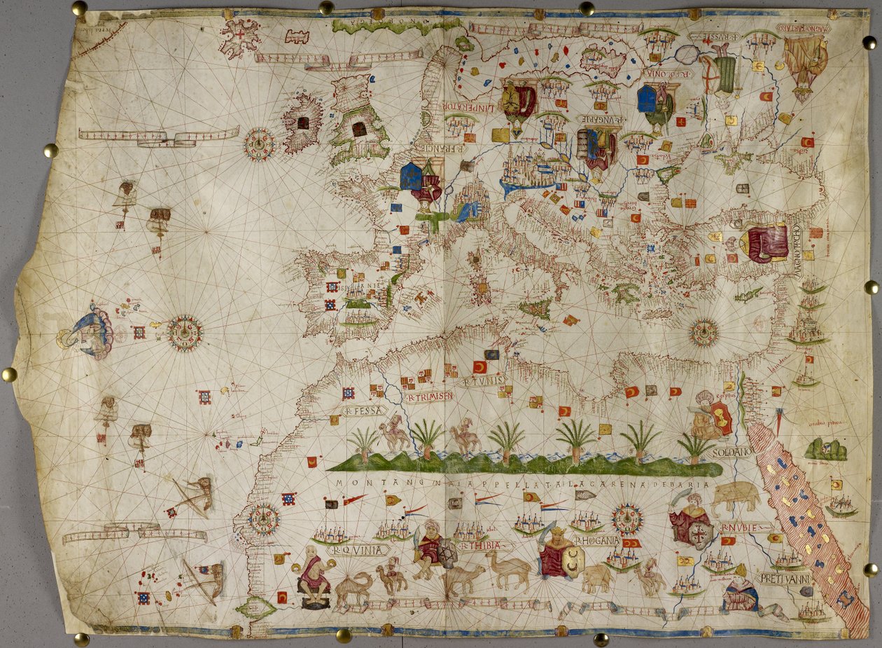 Lisätä. 31318 B Euroopan, Vähä-Aasian ja Afrikan kartta etelään Cape Rossoon asti, vellum tekijältä Italian School