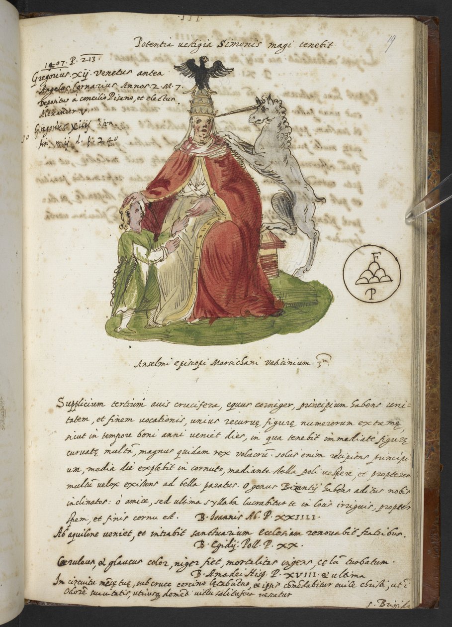 Lisää MS 17432 "Profetiat ja kuvat 15. paavista, kirjoittanut Joachim of Fiore..." (muste ja väri paperille) tekijältä Italian School
