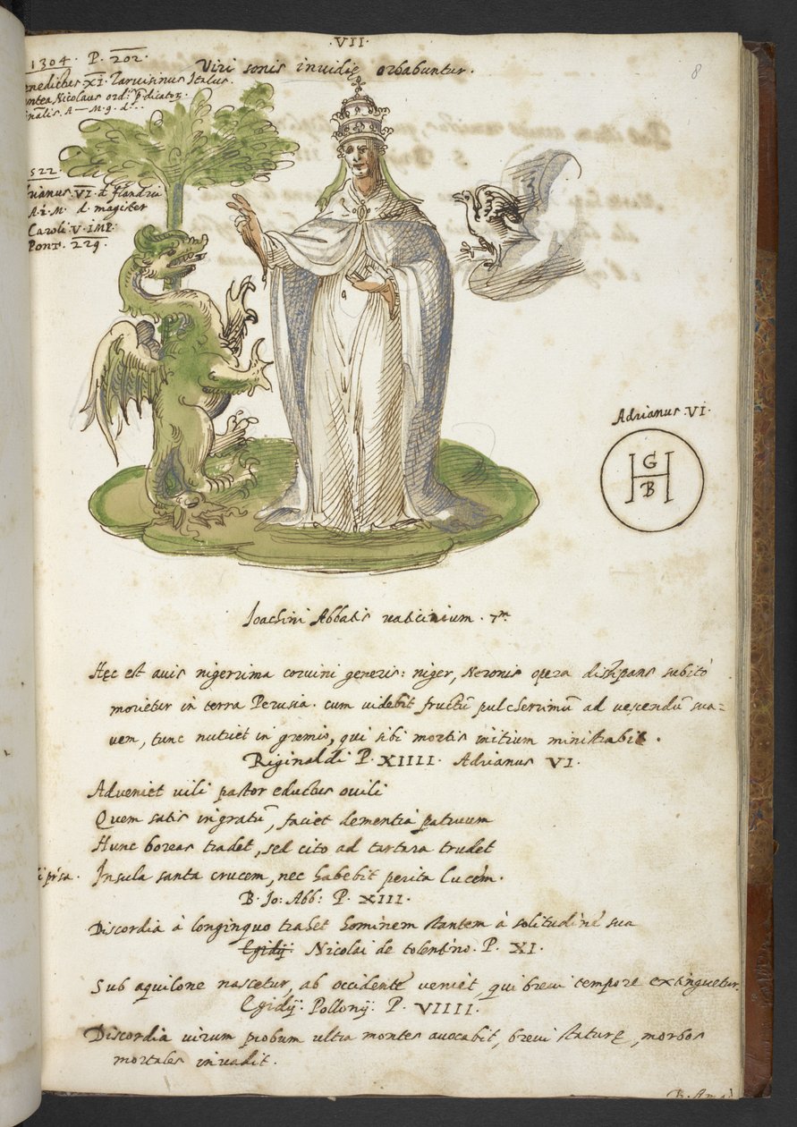 Lisää MS 17432 "Profetiat ja kuvat 15. paavista, kirjoittanut Joachim of Fiore..." (muste ja väri paperille) tekijältä Italian School