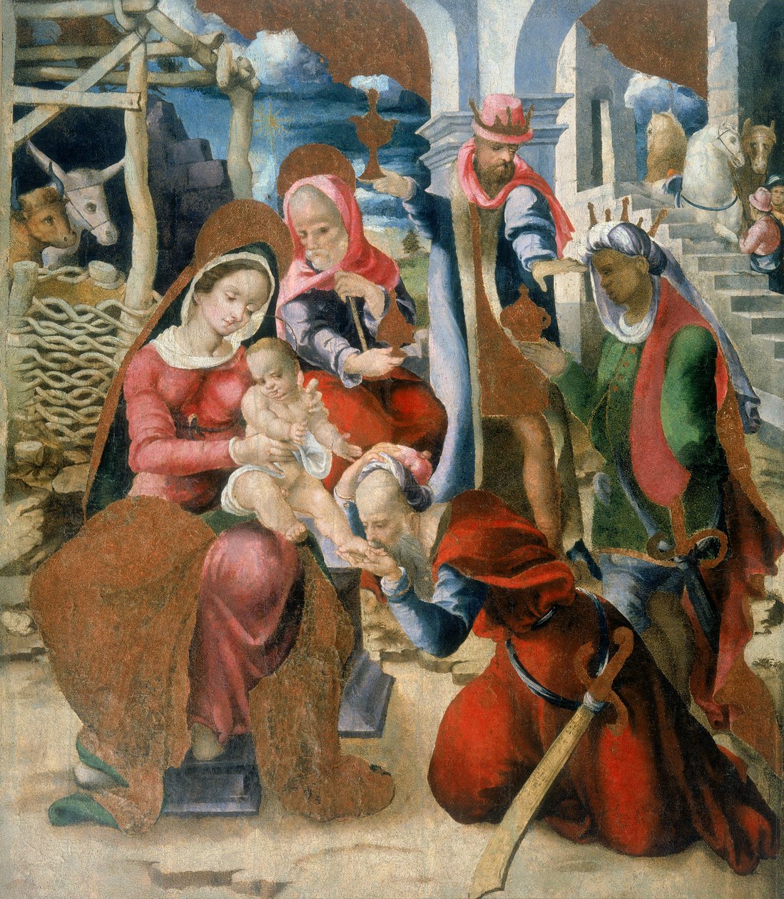 Maagien palvonta. Paneeli, osa Santa Maria degli Angelin kirkon purettua rakennusta Bortigalissa Sardiniassa tekijältä Italian School