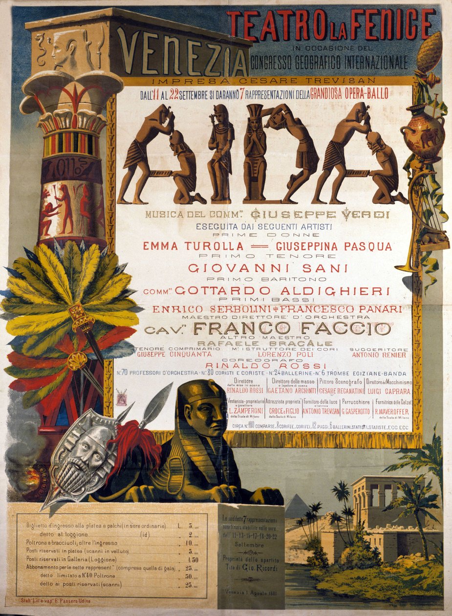 Juliste, joka esittelee Giuseppe Verdin Aidan La Fenicessä Venetsiassa vuonna 1881. tekijältä Italian School