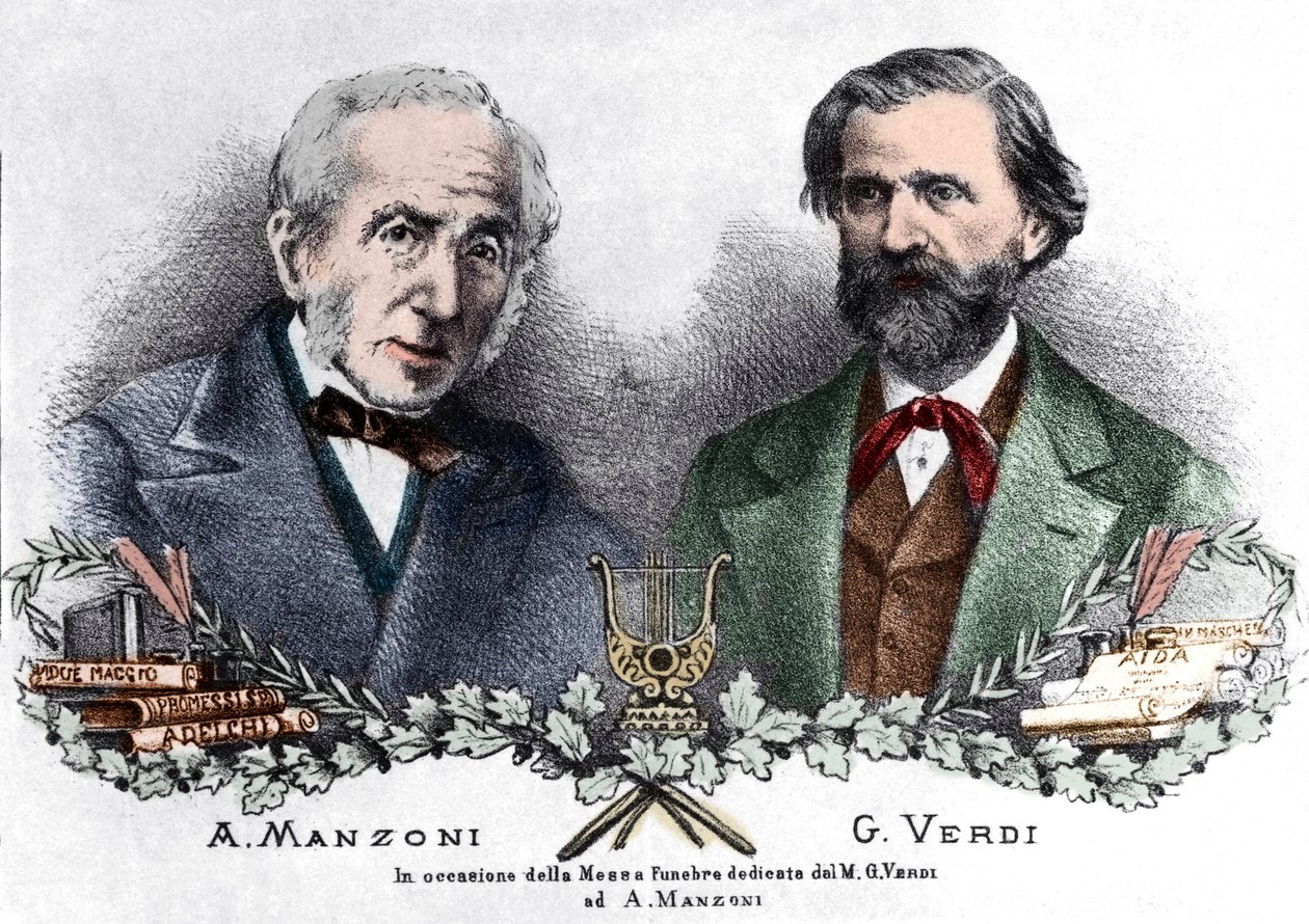 Alessandro Manzoni ja Giuseppe Verdi Messa da Requiemin yhteydessä (värikaiverrus) tekijältä Italian School