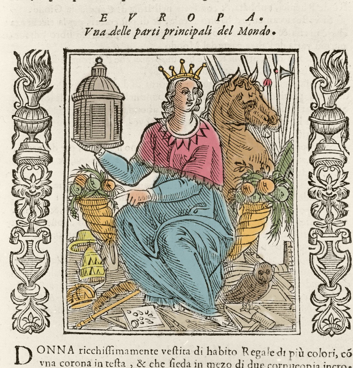 Allegoria Euroopasta runsaasti pukeutuneen naisen muodossa, kruunattu runsauden sarvien ympäröimänä. Levy otettu Cesare Ripan "" Iconologiasta" (1550 noin 1622) tekijältä Italian School
