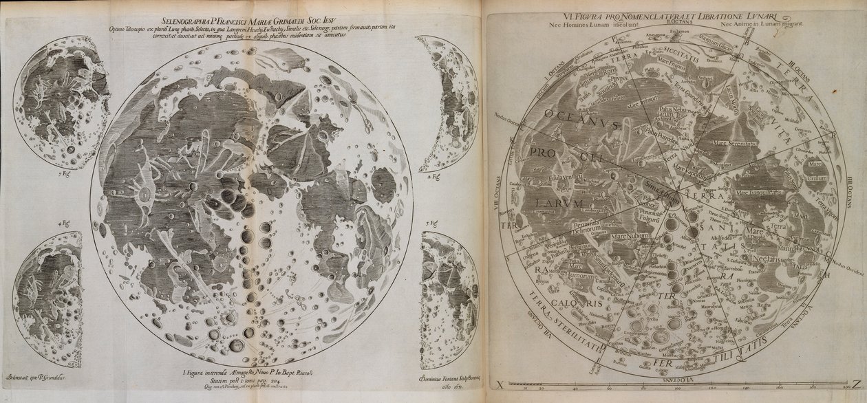 Almagestum novvum astronomaiam veterem novamque complectens observationibus aliorum, et propriis nouisque theorematibus, problematibus, ac tabulis pomotam, noin 1660 (painos). tekijältä Italian School