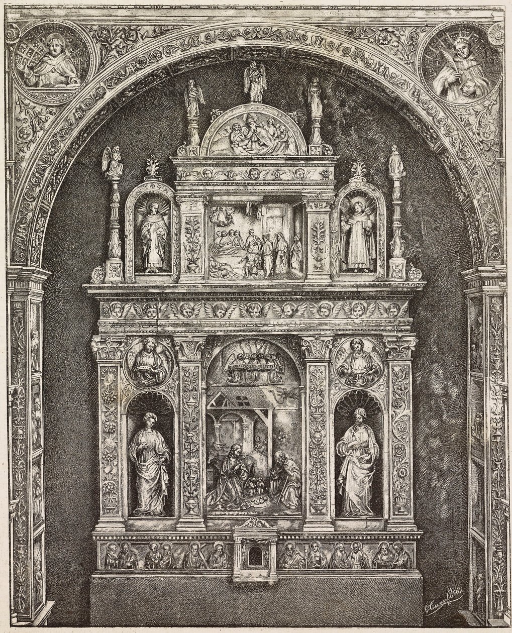 Alttari St Cita -kirkossa, Antonello Gagini, Palermo, Italia, kaiverrus G Cavallottin piirroksesta, L