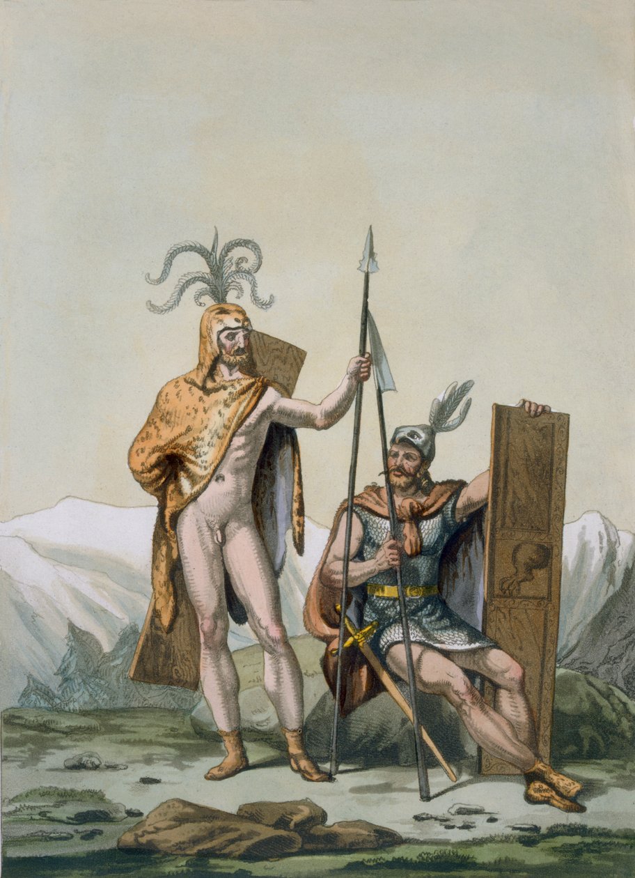 Taisteluihin pukeutuneita muinaisia kelttiläisiä sotureita, n. 1800-1818 tekijältä Italian School