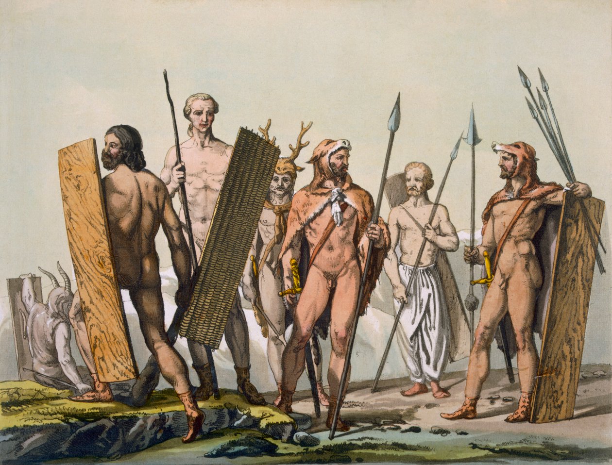 Muinaiset kelttiläiset soturit pukeutuneena taisteluun shamaanin kanssa, n. 1800-1818 tekijältä Italian School
