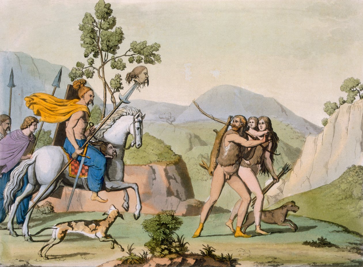 Muinaiset kelttiläiset soturit kohtaavat metsästämässä olevan pariskunnan, n. 1800-1818 (värillinen kaiverrus) tekijältä Italian School