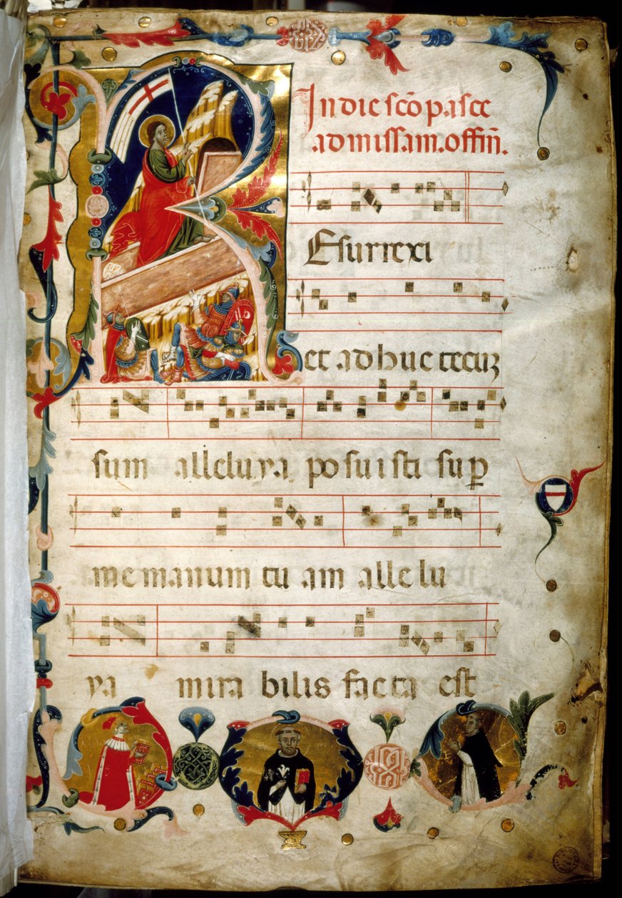 Antifonia (pyhän musiikin käsikirjoitus), jossa doge Marino Zorzin muotokuva vasemmassa alakulmassa. tekijältä Italian School