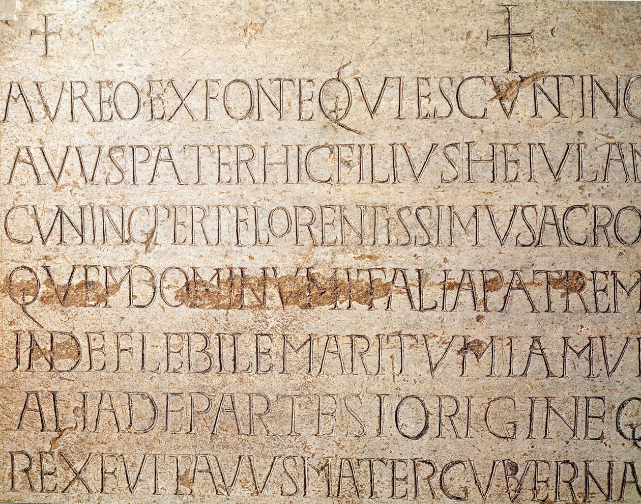 Keskiajan arkeologia (keskiaika). Lombardian barbaaritaide: Lombard-kuningas Cunipertin, joka tunnetaan hurskaana (Cuniperto, 678-700), hautakivi. Lombard-taide. Pavia, kaupunginmuseo, arkeologinen osasto (Pavia, Musei Civici, Sezione Archeologia). tekijältä Italian School