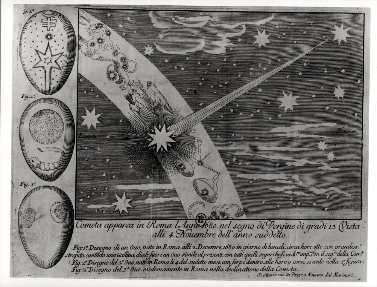 Astrologinen kaavio komeetta, joka ilmestyi Roomassa Neitsyen aikana ja pysyi näkyvissä marraskuuhun 1680 asti tekijältä Italian School