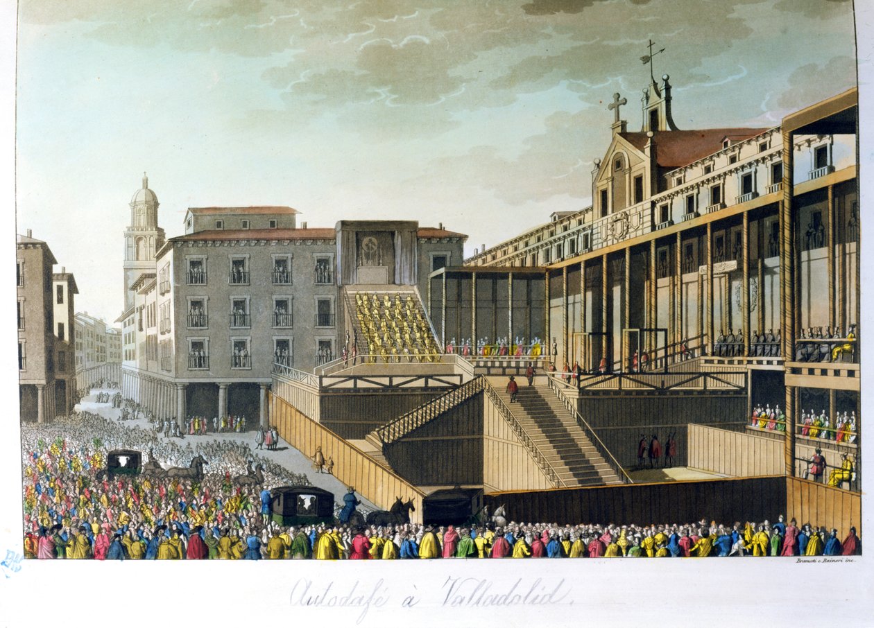 Auto da Fe Valladolidissa, Jules Ferrarion teoksesta Le Costume Ancien et Moderne, kaiverrus Bramati ja Raineri, julkaistu Milanossa, noin 1820 tekijältä Italian School