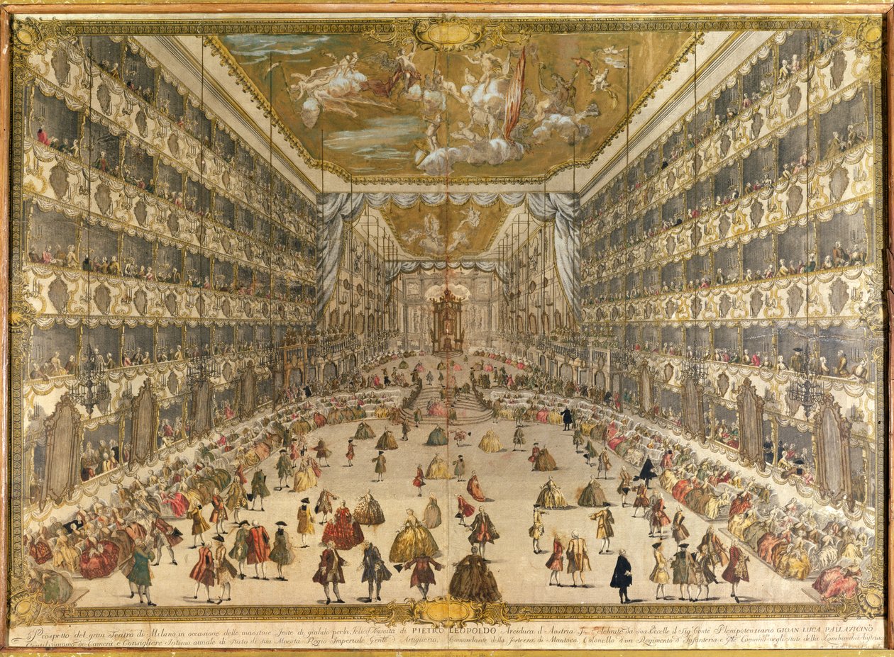 Ball Itävallan arkkiherttua Pietro Leopoldon syntymän kunniaksi Milanon herttuateatterissa 28. toukokuuta 1747 (värikaiverrus) tekijältä Italian School