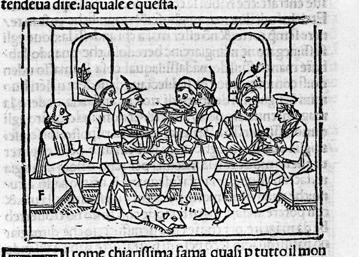 Juhlakohtaus Firenzen aateliston jäsenten läsnäollessa. Italialaisen kirjailijan Giovanni Boccaccio dit Jean Boccacen (1313-1375) kuvitus "Dekameronille". Kaiverrus "" Decamerone ouer Cento nouelle"" Venetsia, Bartolomeo de 