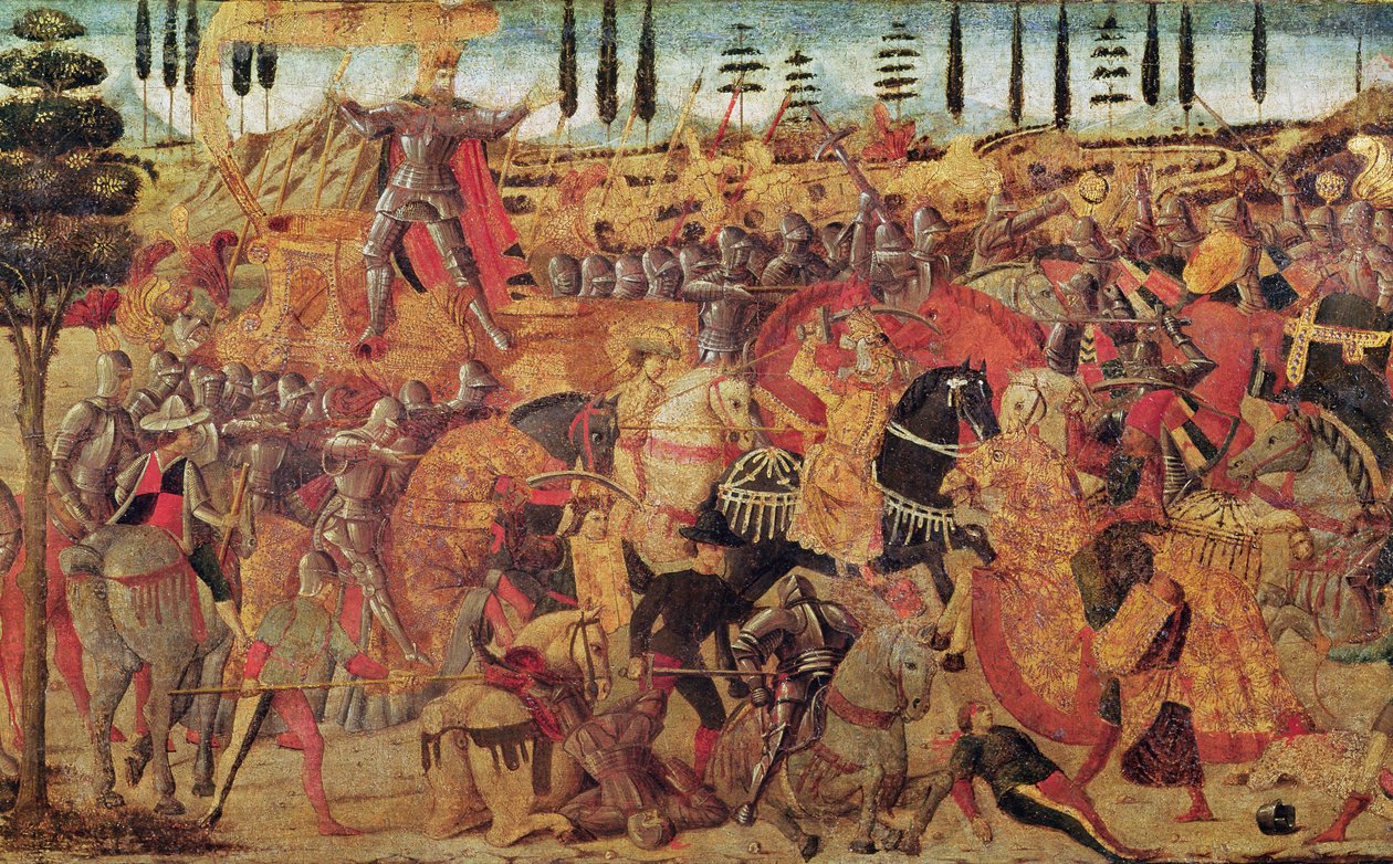 Taistelu Dareioksen (399-330 eKr.) ja Aleksanteri Suuren (356-323 eKr.) välillä (öljy paneelissa) tekijältä Italian School