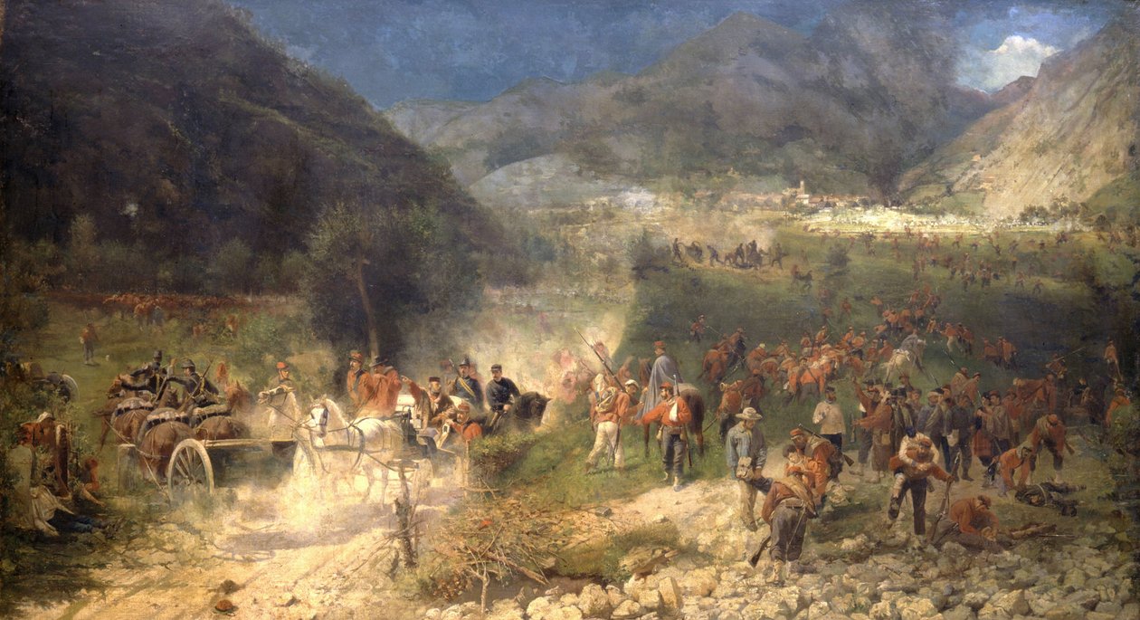 Bezzeccan taistelu: Giuseppe Garibaldin vapaaehtoiset taistelevat itävaltalaisia ​​vastaan ​​21.7.1866. Risorgimenton museo. Milano. tekijältä Italian School