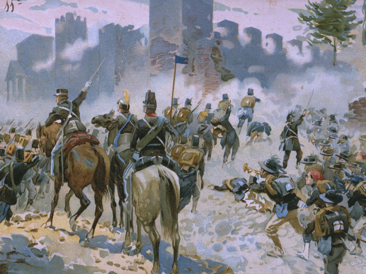 Solferinon ja San Martinon taistelu, 24. kesäkuuta 1859, kuva Risorgimenton historiaa käsittelevästä albumista tehty suklaa Talmonelle, 1800-luvun loppu tekijältä Italian School
