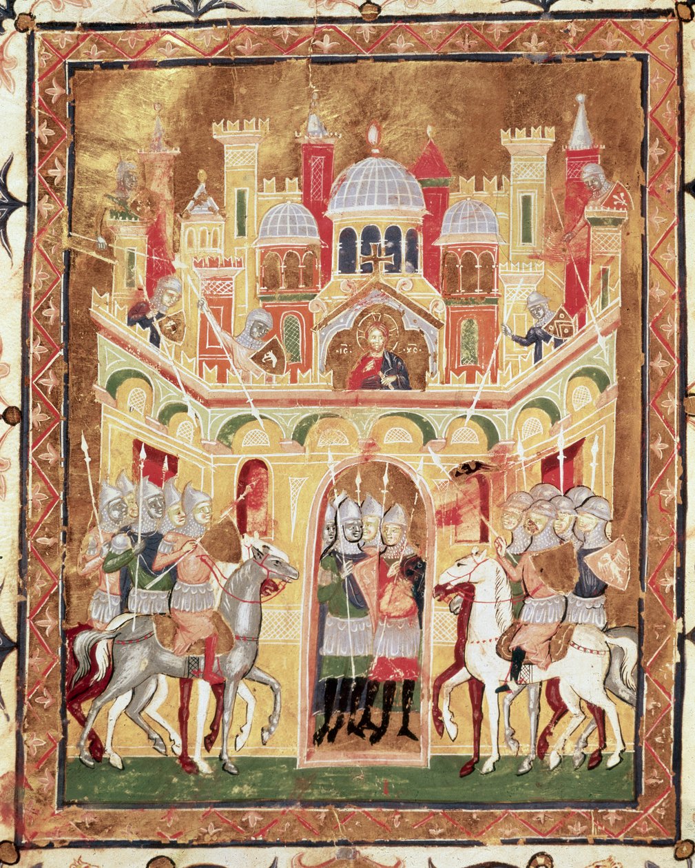 Taistelukohtaus Jerusalemin muureilla Burcardus Theutonicuksen tai Burchard of Mount Sionin Descriptio Terrae Sanctaesta tekijältä Italian School