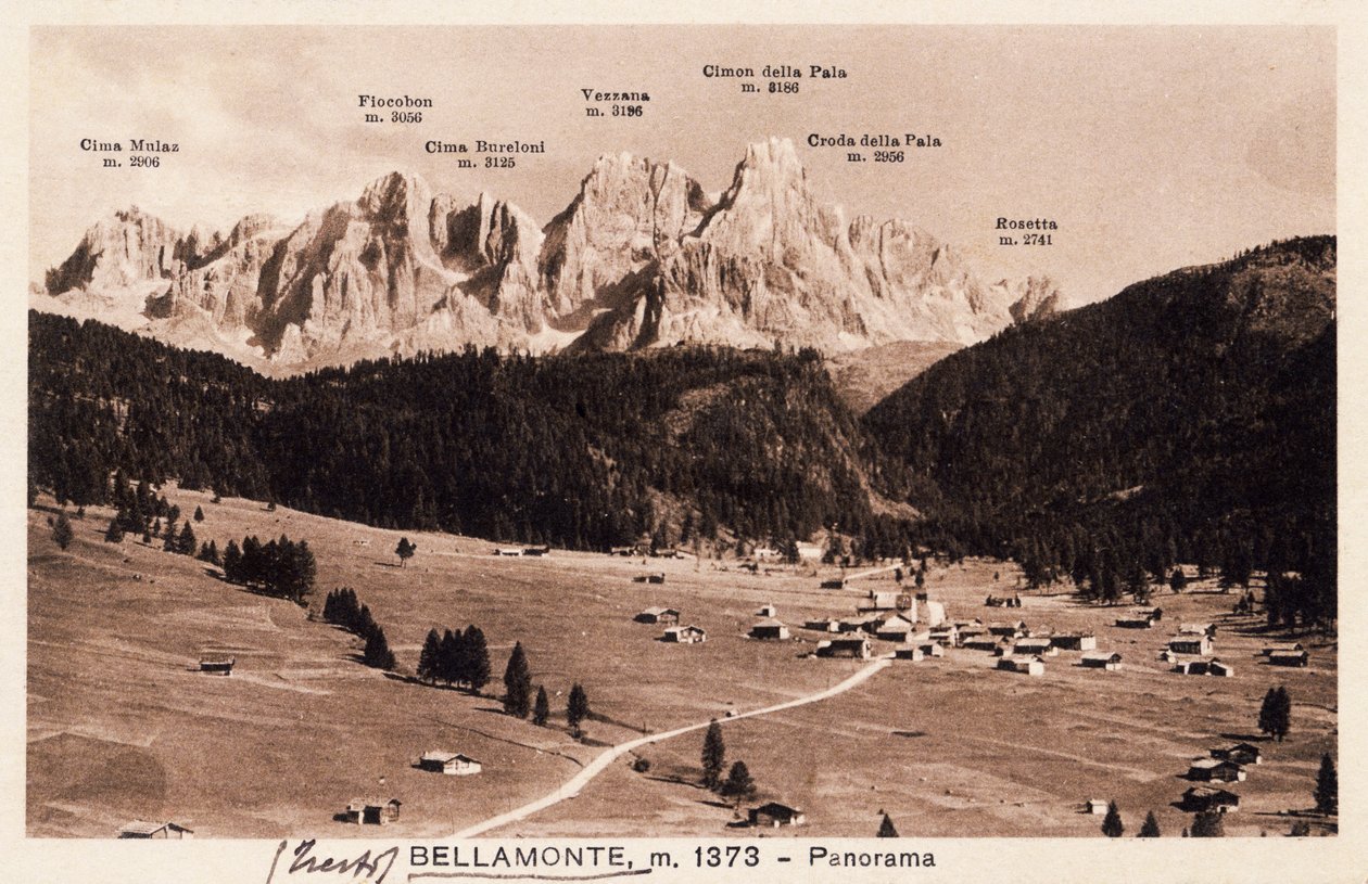 Bellamonte, Predazzon kylä, postikortti, Trentino-Alto Adige, Italia, 20. vuosisata tekijältä Italian School