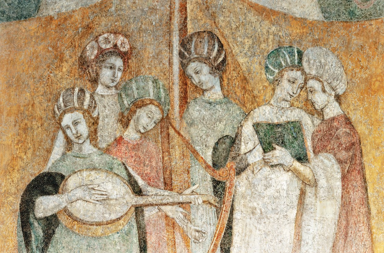 Bicocca degli Arcimboldi: 1400-luvun fresko, yksityiskohta musiikkia soittavista naisista (fresko) tekijältä Italian School