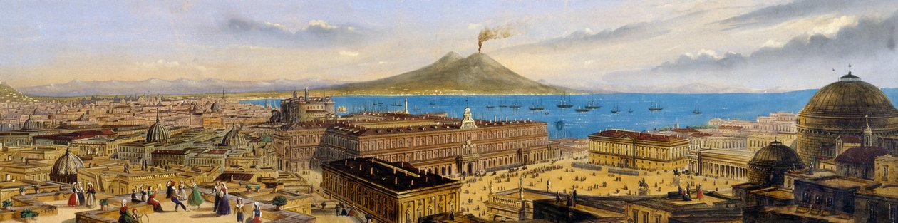 Lintuperspektiivistä kuninkaallinen palatsi ja Piazza Plebiscito Napolissa, Italiassa tekijältä Italian School