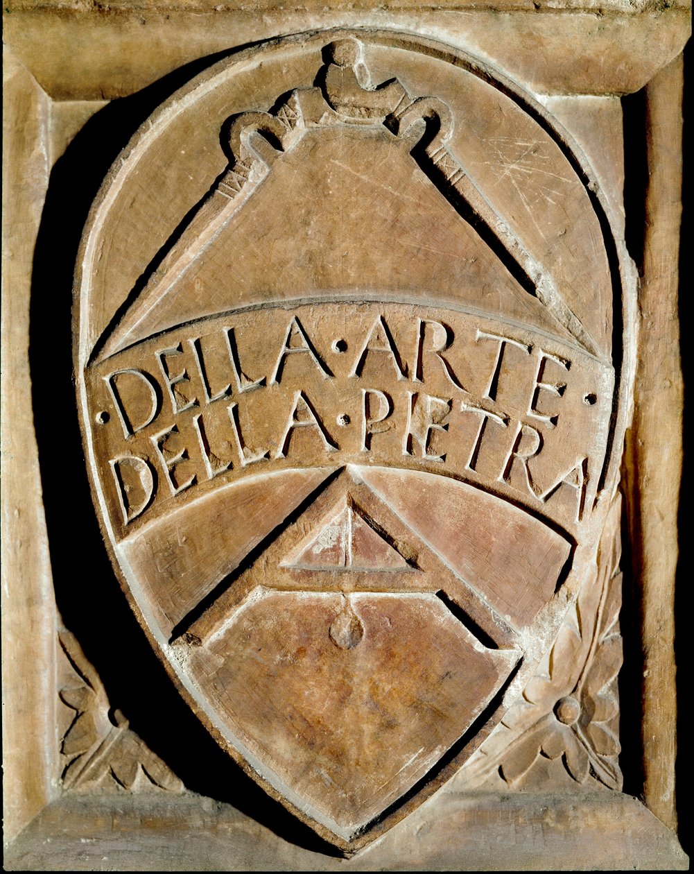 Kivityöläisten seurakunnan Blazon. Kompassi ja neliö ovat edustettuina. 1300-luvun Siena, Biblioteca degli Intronati tekijältä Italian School