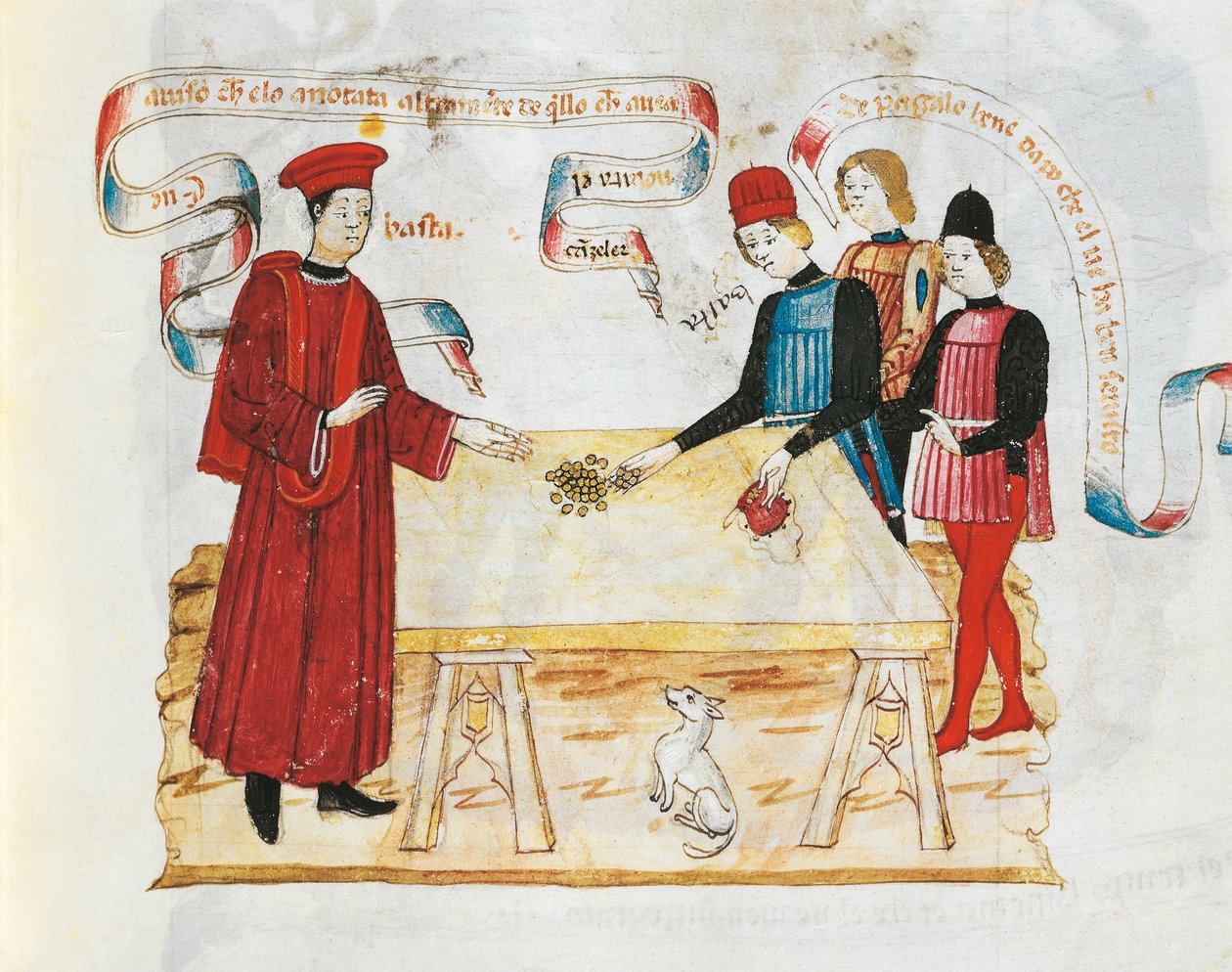 Tuomarin miniatyyri lahjonta Etuoikeuskirjasta, käsikirjoitus, Italia 1400-luku. tekijältä Italian School