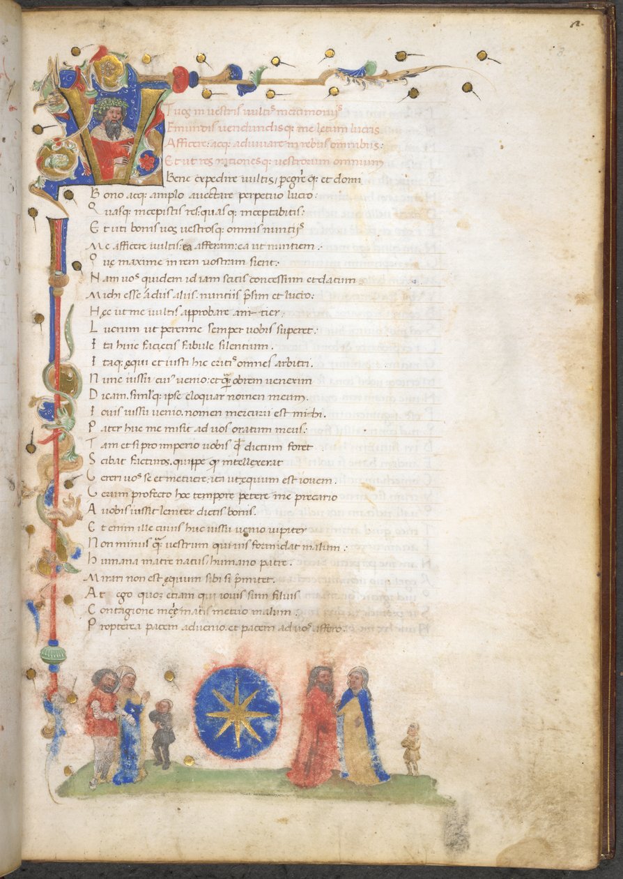 Burney 227 f.3 Veronan Stella-perheen jäsen: perheen käsivarret: taivaansininen, kahdeksansakarainen tähti, Titus Maccius Plautusin teoksesta Amphitruo, kahdeksan komediaa prologeilla ja argumenteilla, n. 1440 (muste, väri ja kultaa persulla) tekijältä Italian School