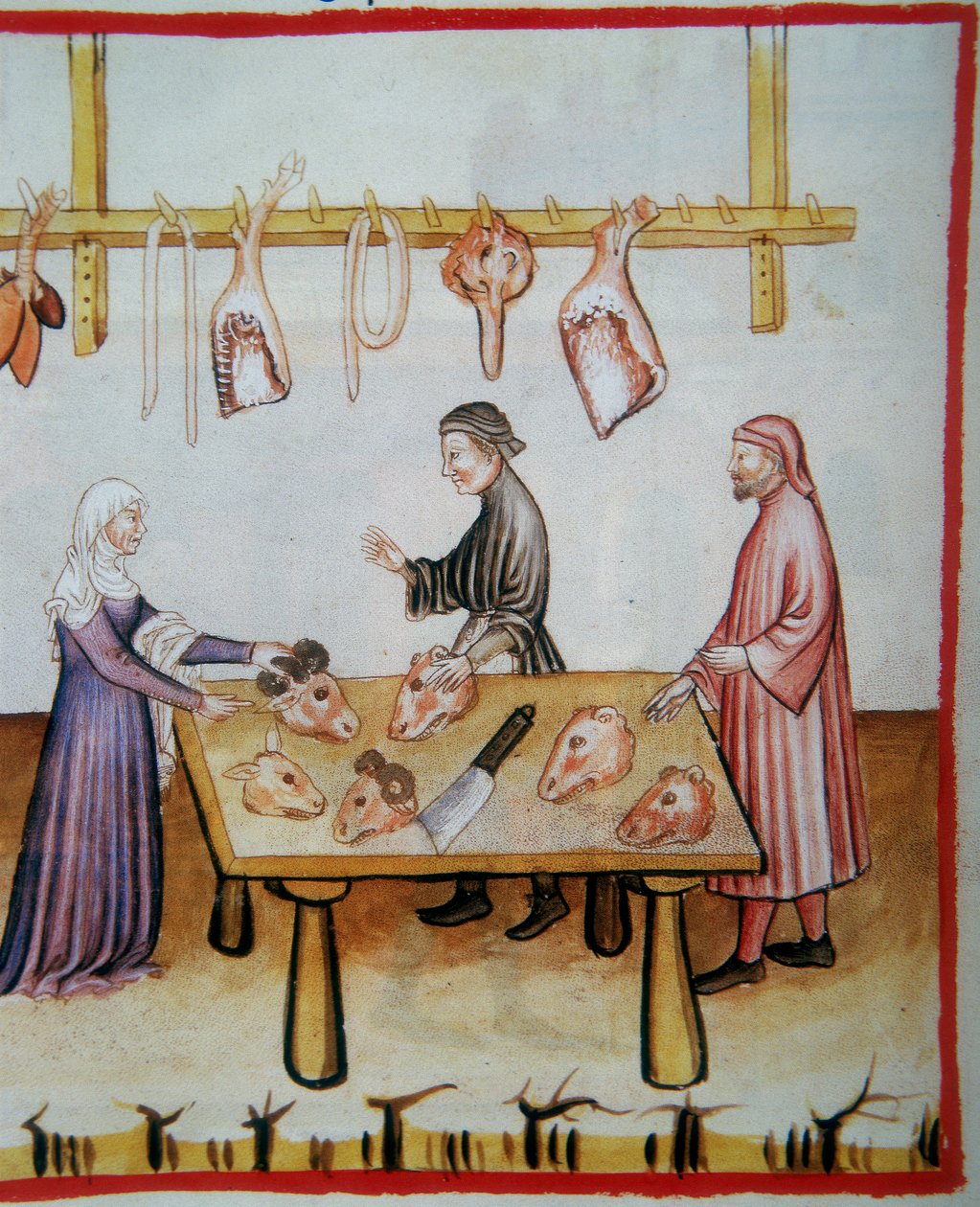 Eläinten päiden teurastaminen. Valaistus Codex Vindobonensis -sarjasta Nova 2644 (fol.76v), Tacuinum Sanitatis tekijältä Italian School