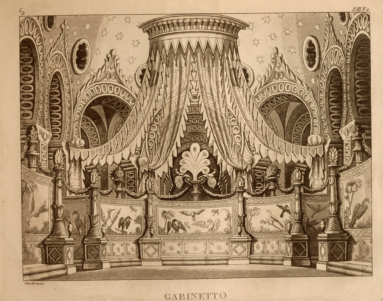 Kaappi, lavastus Gioachino Rossinin (litho) "Ricciardo ja Zoraide" 1. näytökseen tekijältä Italian School