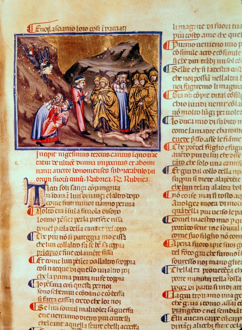 Canto XXIII Dante ja Vergilius ulkokullattujen piirissä, Kaifas ristiinnaulittuna maassa, jumalallisesta näytelmästä (Inferno), n. 1313 tekijältä Italian School
