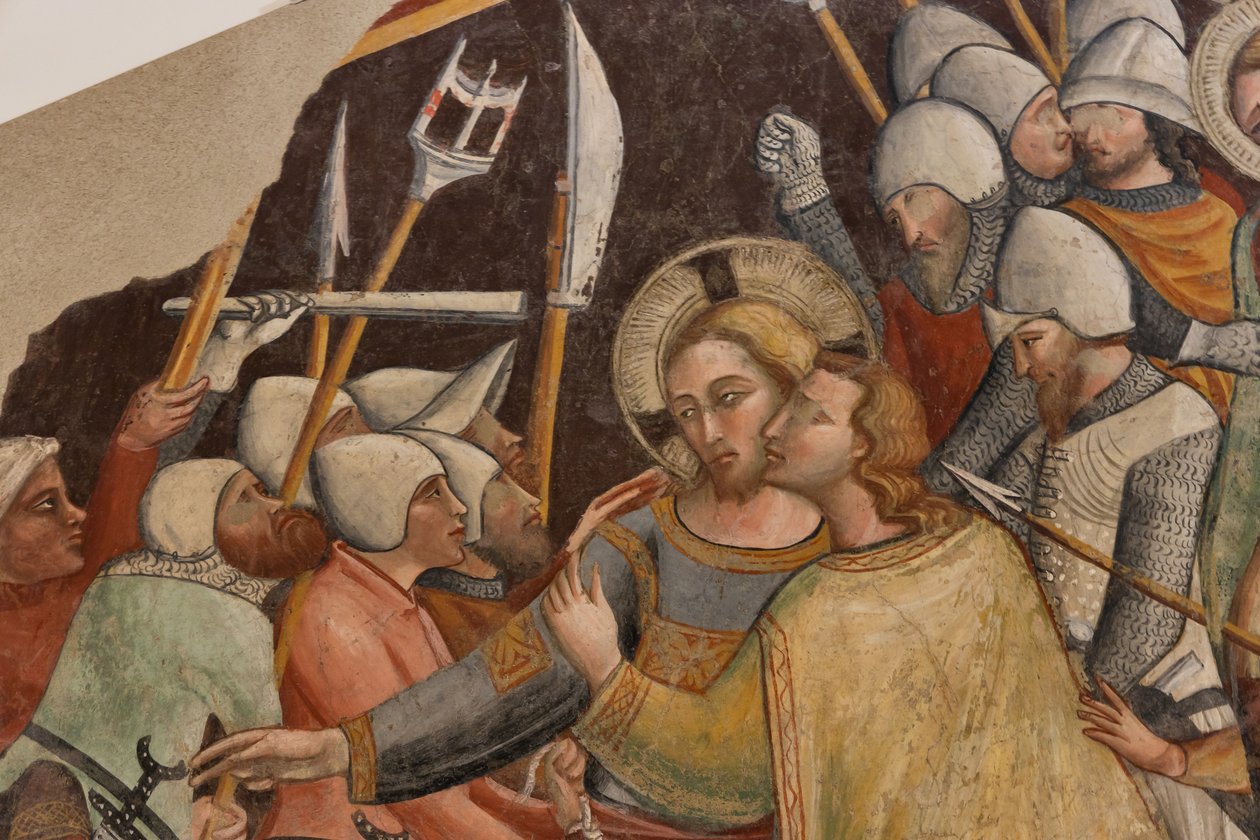 Kristuksen vangitseminen, Pyhän Franciscuksen oikean apsin mestari Montefalcossa, irrotettu fresko, XIV vuosisadan loppu tekijältä Italian School