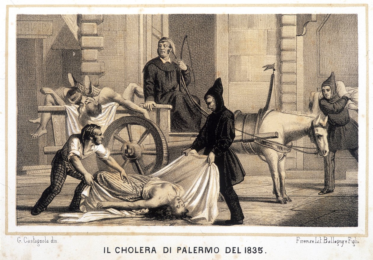 Kärry poimi kuolleita koleraepidemian aikana Palermossa vuonna 1835. tekijältä Italian School