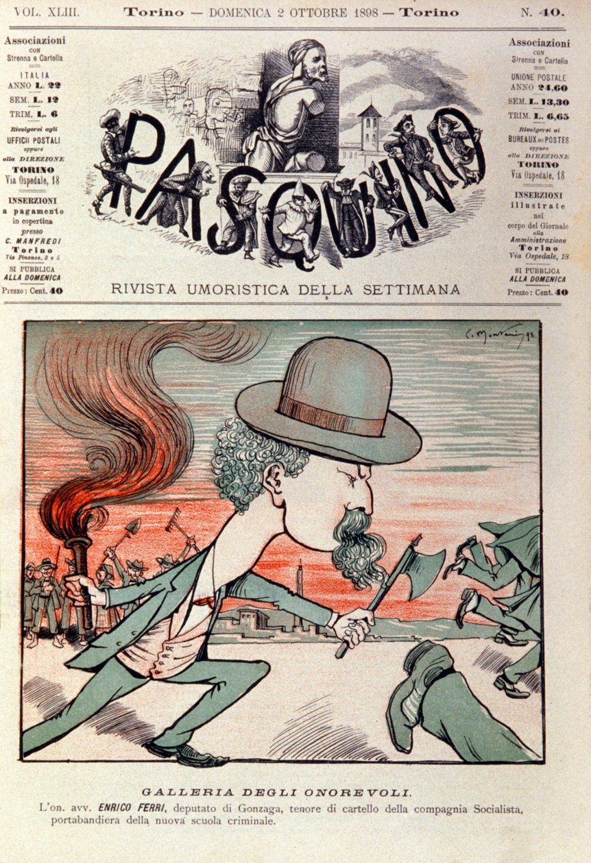Sarjakuva muotokuva Enrico Ferristä (1856-1929), italialainen kriminologi ja Italian sosialistipuolueen poliitikko. Sarjakuva elokuvassa "" Pasquino" 2. lokakuuta tekijältä Italian School