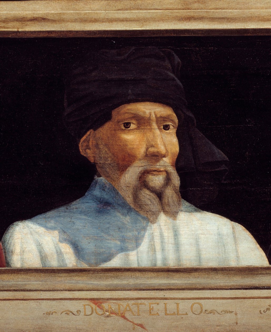Cassone, jossa on 5 muotokuvaa Firenzen renessanssin mestarista ja Donatellon muotokuva (dit), Donato di Niccolo di Betto Bardi (1386-1466). Alla oleva kirjoitus on todennäköisesti peräkkäinen. Musee du Louvre, Pariisi - Cassone-paneeli f tekijältä Italian School
